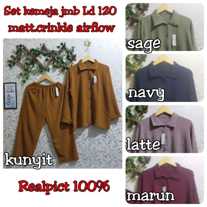 Ld 120 setcel crinkle jumbo/setelan kemeja crinkle jumbo/setcel kemeja polos/setcel jumbo/oneset dai