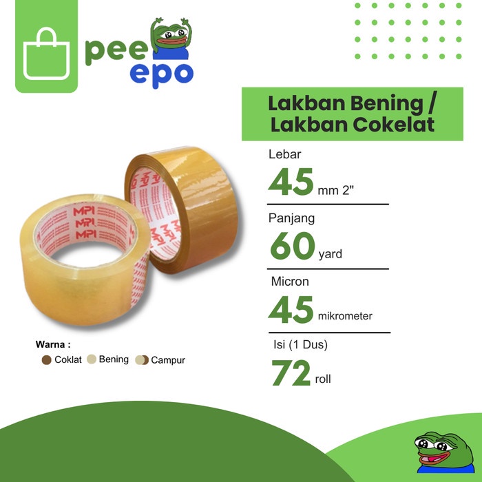 

Lakban Bening / Lakban Cokelat 45 mm x 60 Yard MPI 1 Dus isi 72 Roll