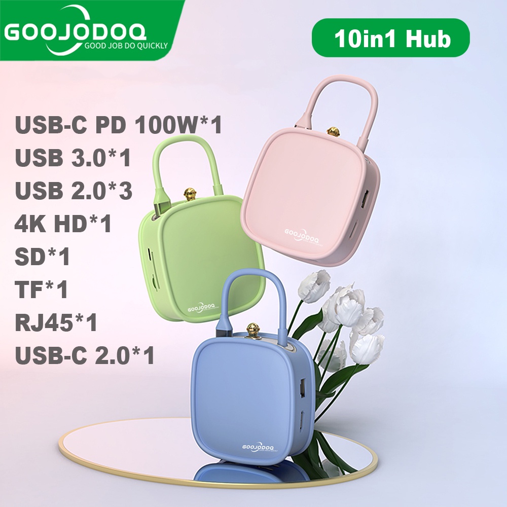 GOOJODOQ Handbag style 10 in 1 type-c docking station usb hub laptop docking stationuntuk Dell HP For MacBook Pro Tipe C Dock HD PD 3.0 USB RJ45 PDTF/SD Card Reader