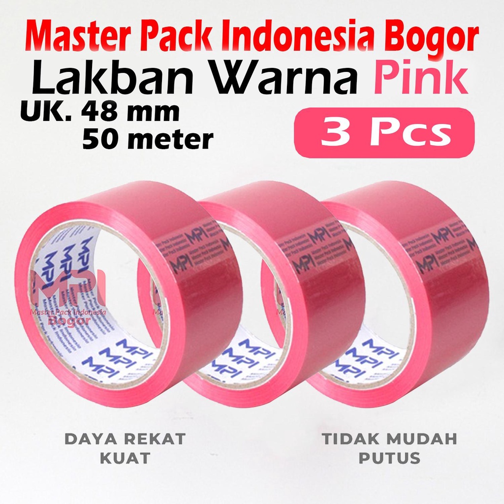 

3 ROLL - Lakban MPI Warna Pink 48 mm x 50 Meter - Lakban Warna Master Pack Indonesia