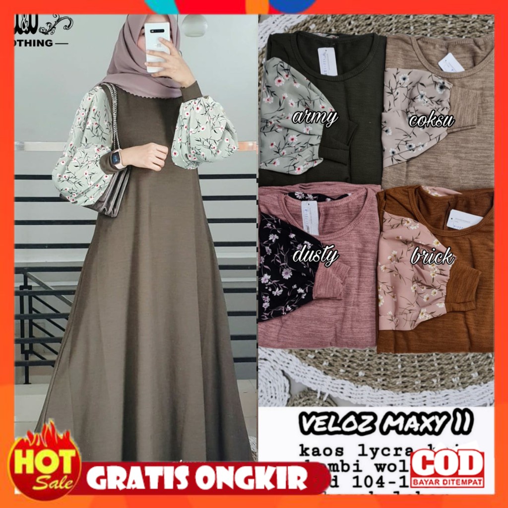 KAIN ADEM HALUS TEBAL / Veloz - Baju Gamis Wanita Kaos Lengan Balon Motif Bunga Jumbo Big Size Ld 12