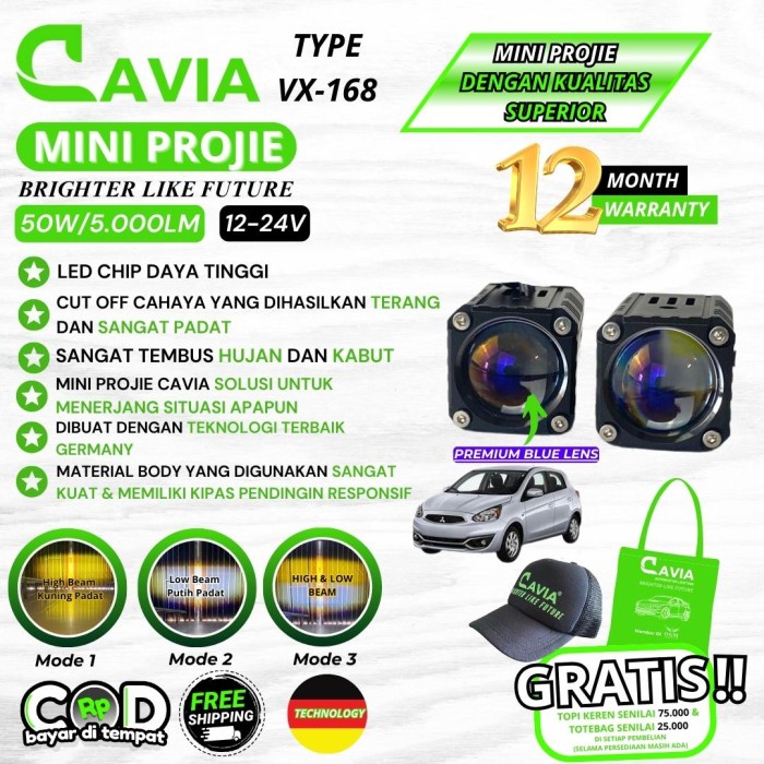 MINI PROJIE MOBIL LAMPU TEMBAK MITSUBISHI MIRAGE LED FOGLAMP PREMIUM CAVIA