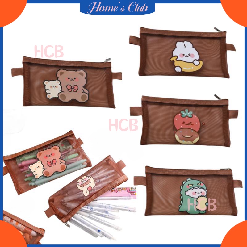 

HCB Tempat Pensil Jaring Transparan Coklat / Dompet Pensil Lucu Tempat Make Up / Tempat Pensil Jaring Zipper Transparant / Motif Beruang