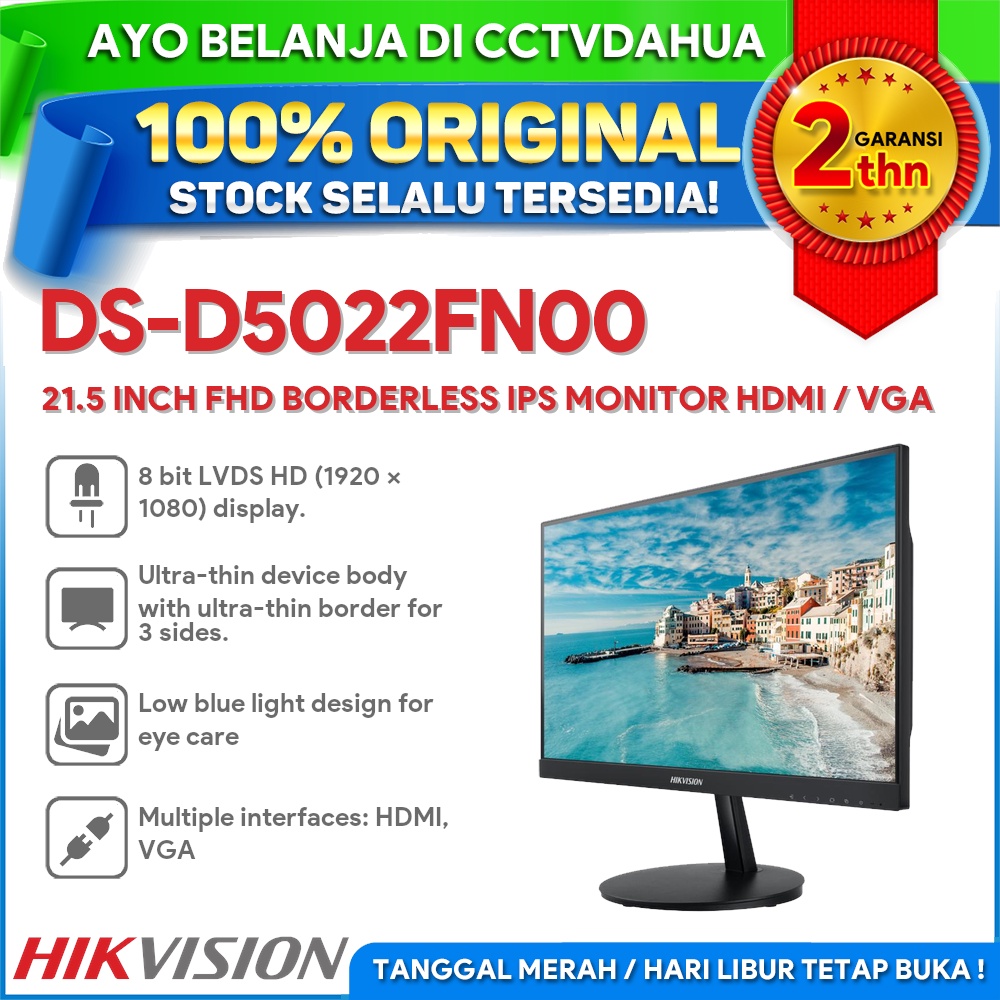 HIKVISION DS-D5022FN00 21.5 INCH FHD BORDERLESS IPS MONITOR HDMI / VGA