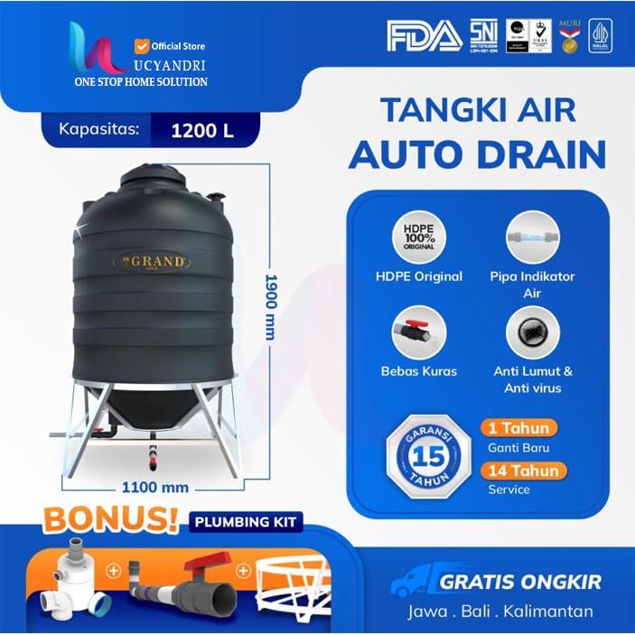 Tangki Air Grand Tandon Air Auto Drain 1200 Liter Bebas Kuras Original