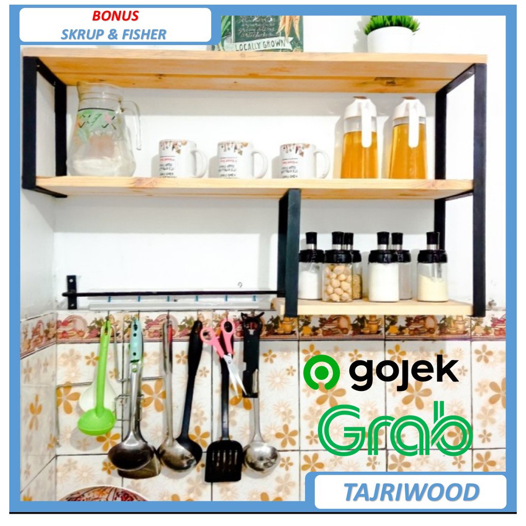 Barang Unik Rak Bumbu Dapur lebar 3 susun Serbaguna  / Kayu besi Minimalis gantung dinding / rak kit