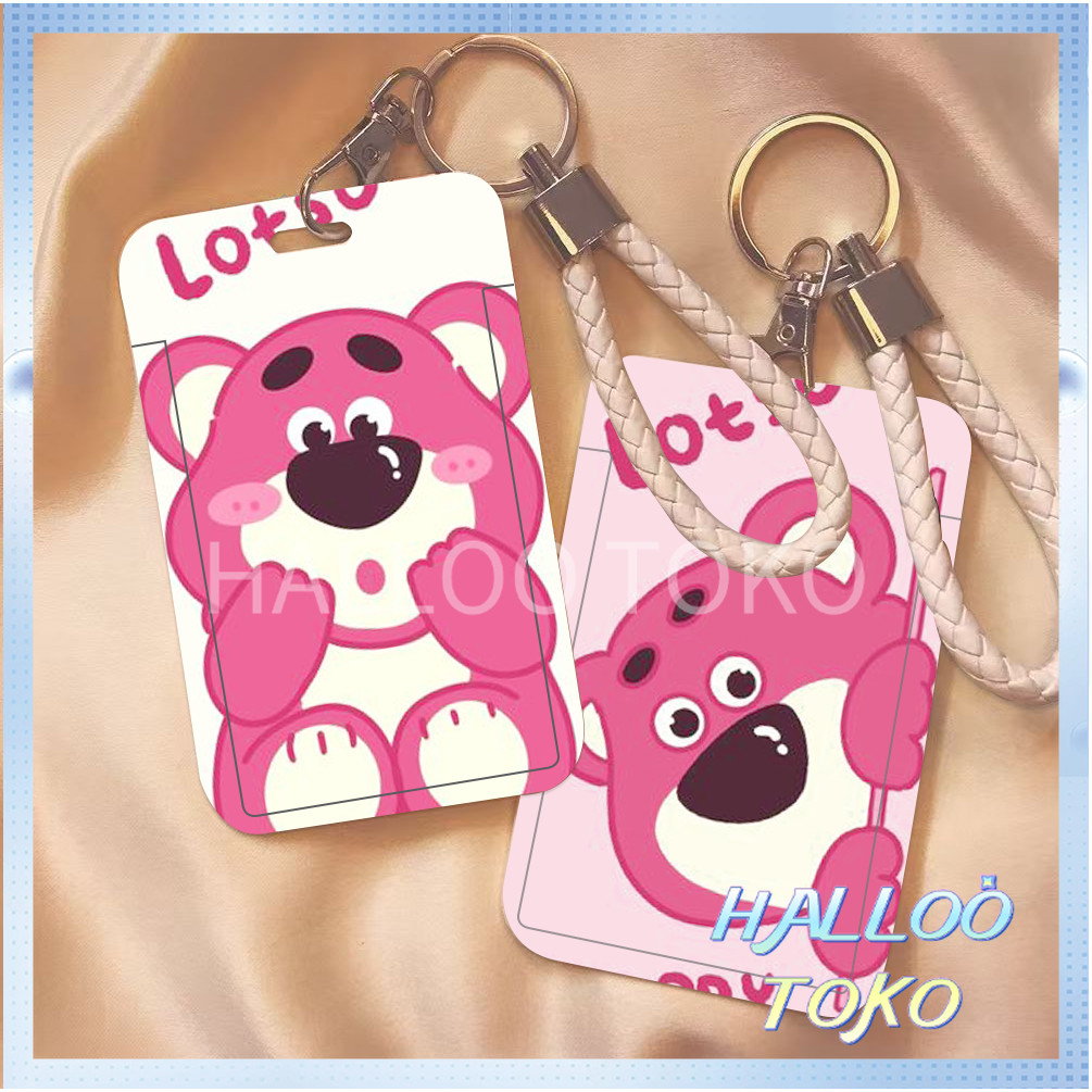 

ID CARD HOLDER MOTIF KAWAII TEMPAT KARTU PHOTOCARD PHOTO CARD Pelindung + Tali,Beruang stroberi pink yang lucu