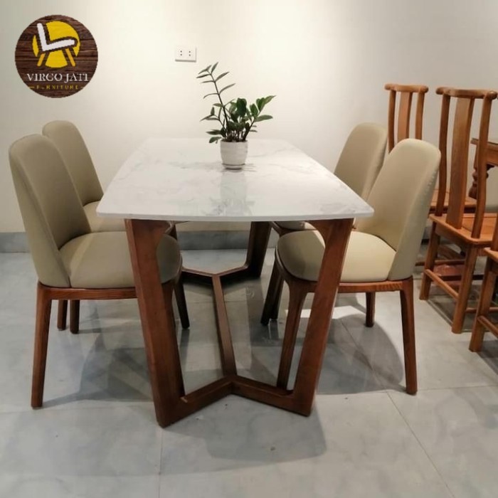 kursi makan busa kayu jepara, meja makan top marmer, kursi makan 4
