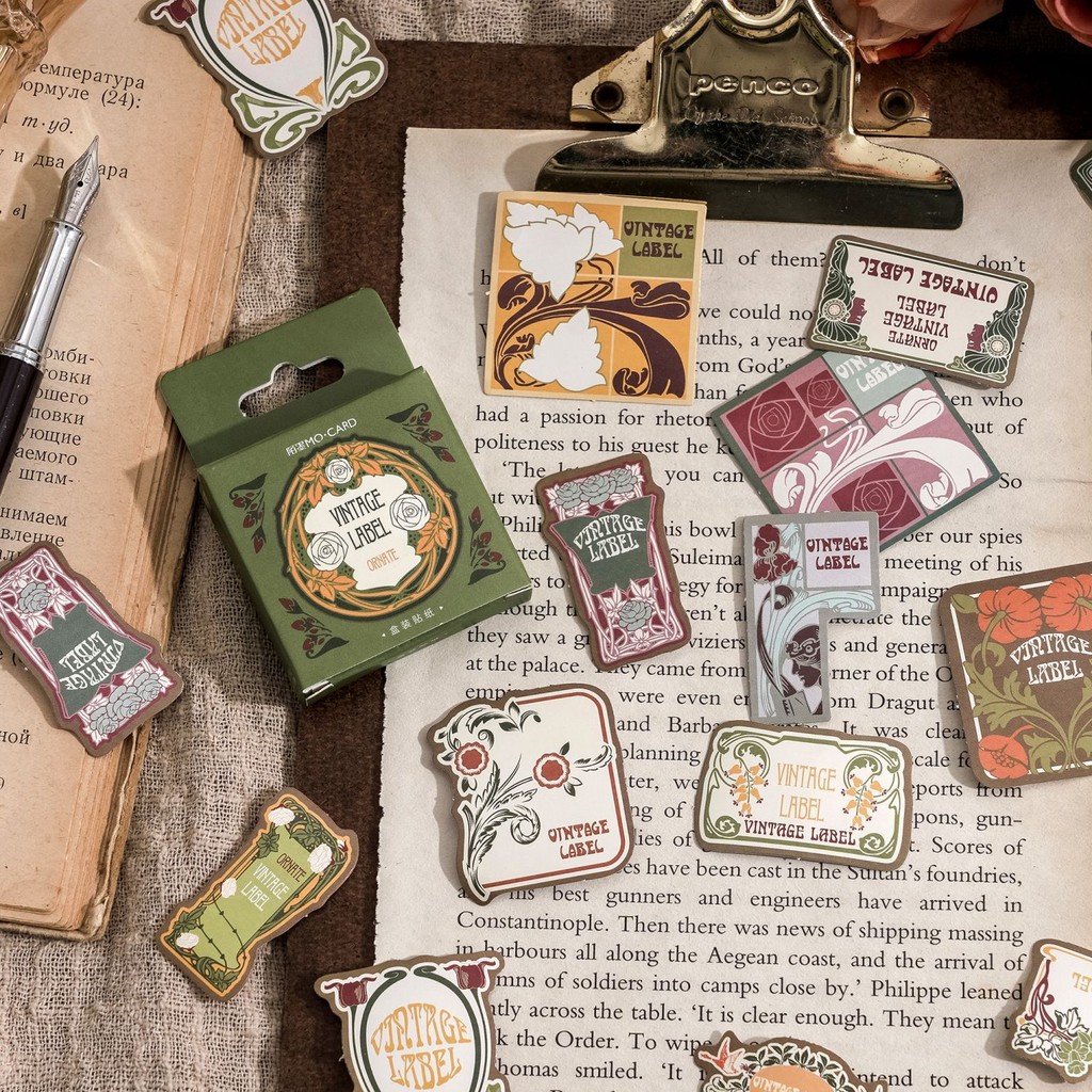 

45pcs Vintage Emblem Decorative Boxed Stickers Scrapbooking Material Label Stationery Album Journal Planner