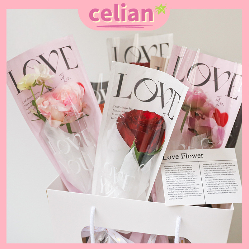 

【1 PACK 20 LEMBAR]】PLASTIK SINGLE FLOWER TULISAN LOVE PRINTED KOREAN STYLE PLASTIK BUNGA TANGKAIAN SATUAN SINGLE STALK ROSE MIKA BUNGA ECER PLASTIC BAG