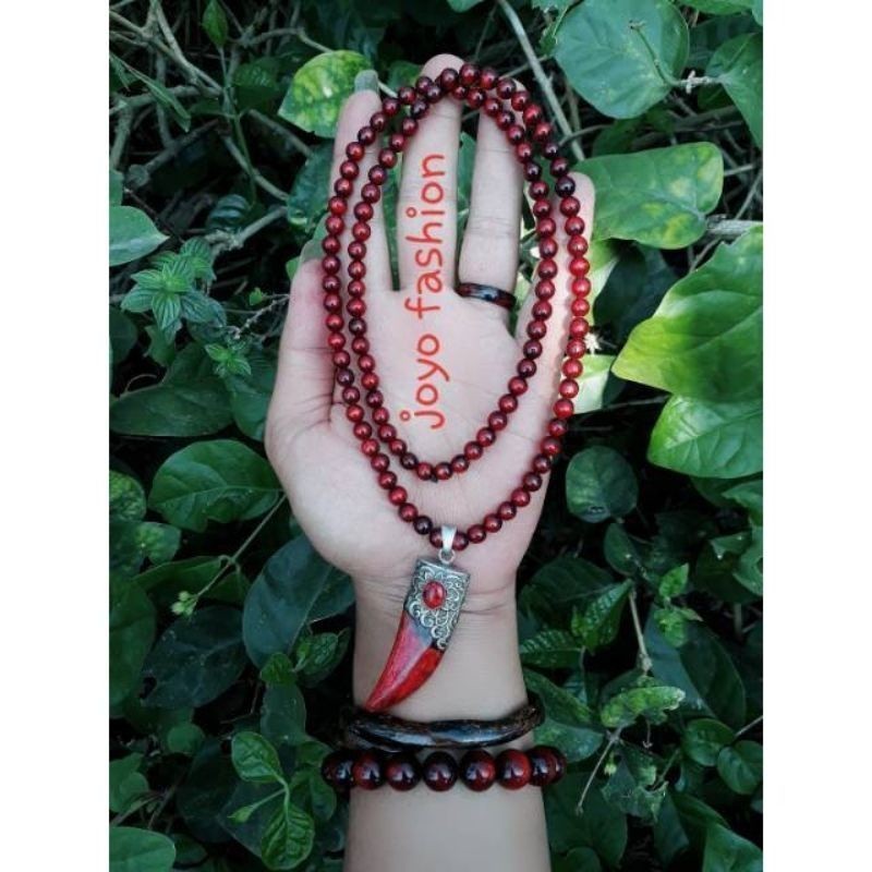 KALUNG TASBIH FOSIL AKAR BAHAR MERAH DELIMA TEMBUS CAHAYA LIONTIN TARING PERAK MATA BATU MARJAN