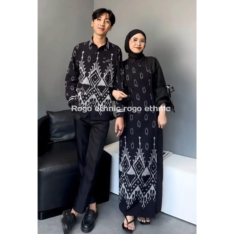 SET BAJU TENUN COUPLE DRESS AZELLA BLACK PASANGAN COUPLE GAMIS LEBARAN SET BATIK TENUN KEMEJA PRIA /