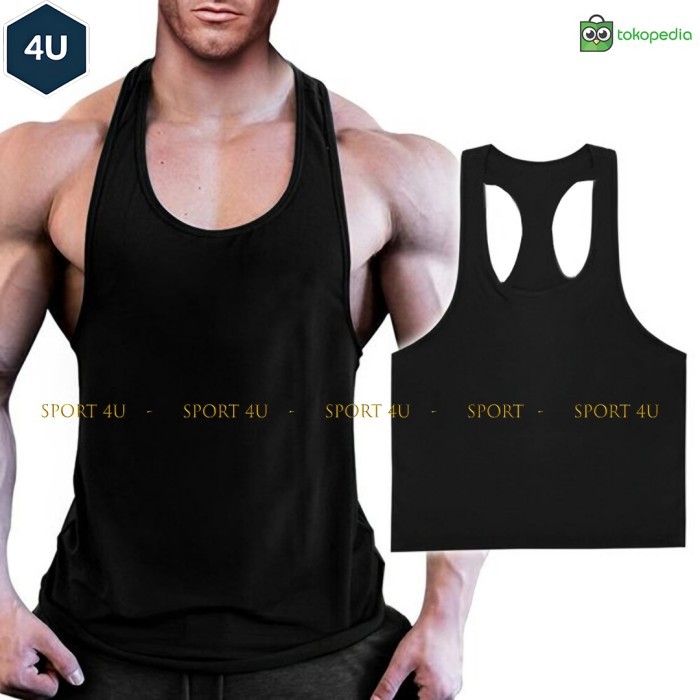 KAOS PRIA TALI KECIL / SINGLET PRIA GYM - Hitam, M Fit L