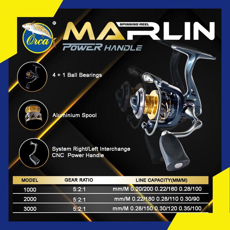 Reel Spinning Orca Marlin 1000 2000 3000 One Way Power Handle 4+1 Ball Bearing Aluminium Spool Atau 