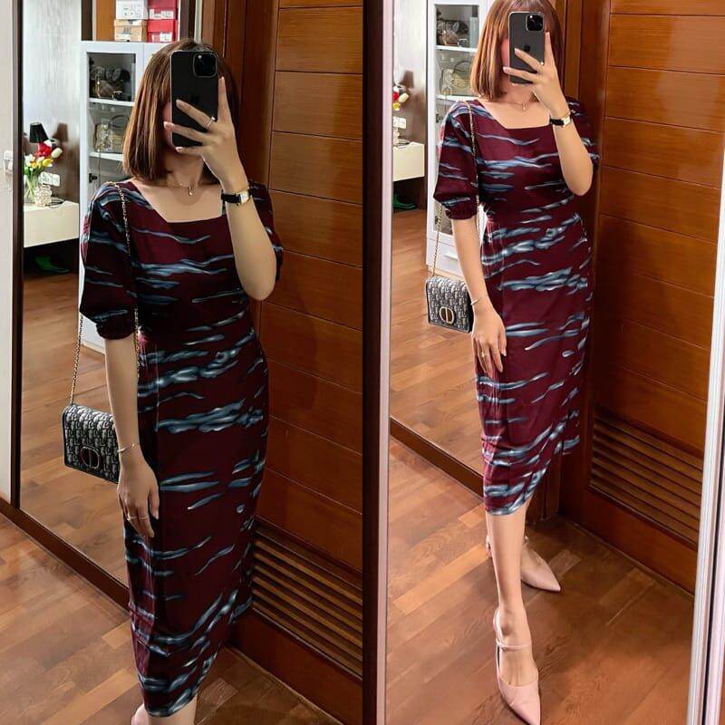 baju rayon dress midi tali ikat belakang kerah kotak//dress elegant