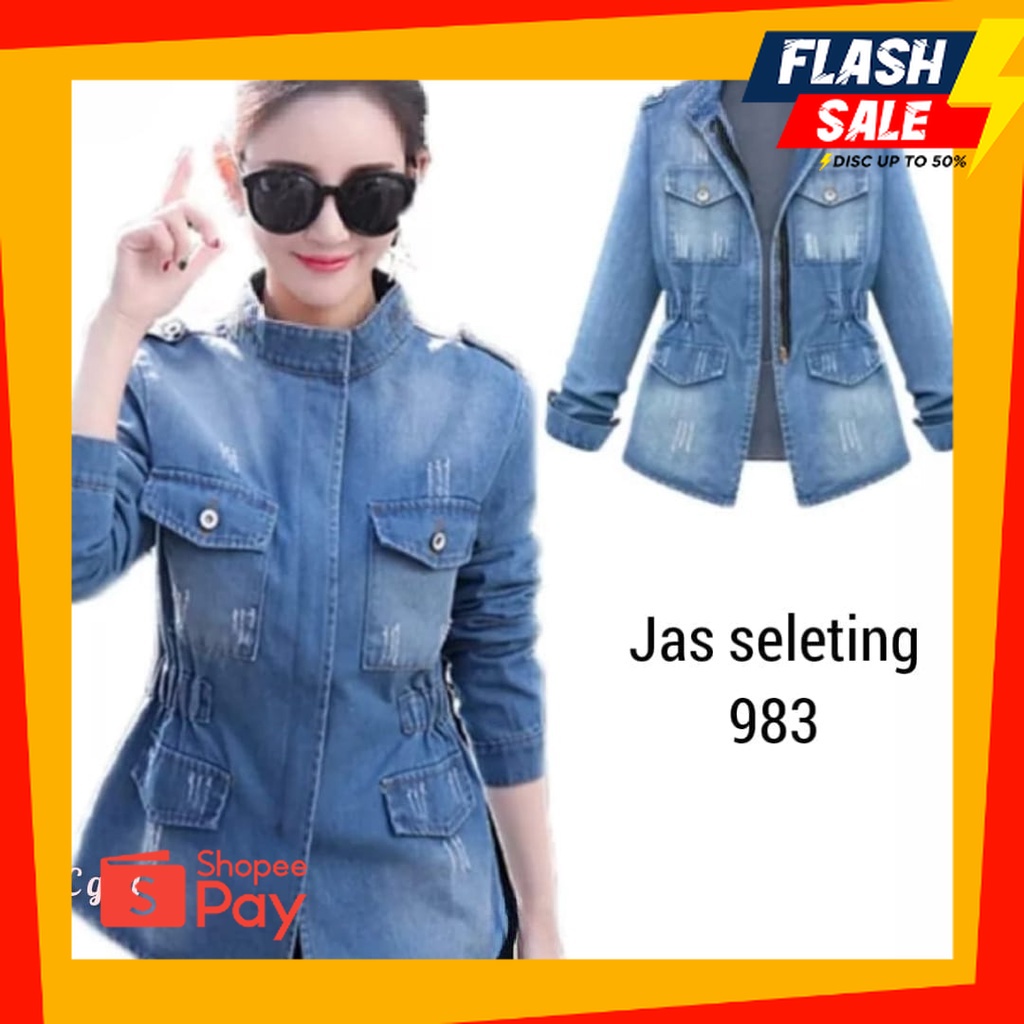 OUTFIT JKT48 | MC girl - Jaket Jeans Seleting / Jacket Lepis Sleting / Jaket Denim Panjang Kerah Tin