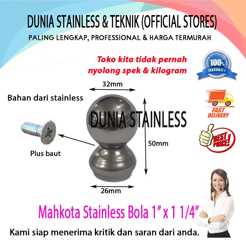 Mahkota Stainless Bola 1in x 1 1/4in ornamen pagar railing tangga