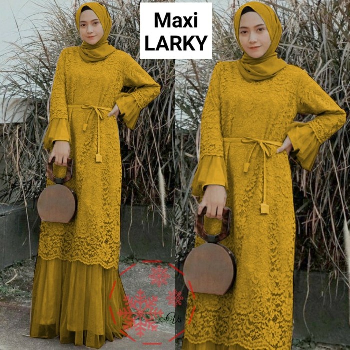 Gamis Wanita Brokat Maxi Dress Baju Muslim Modern Brukat Furing Pesta - Mustard, M