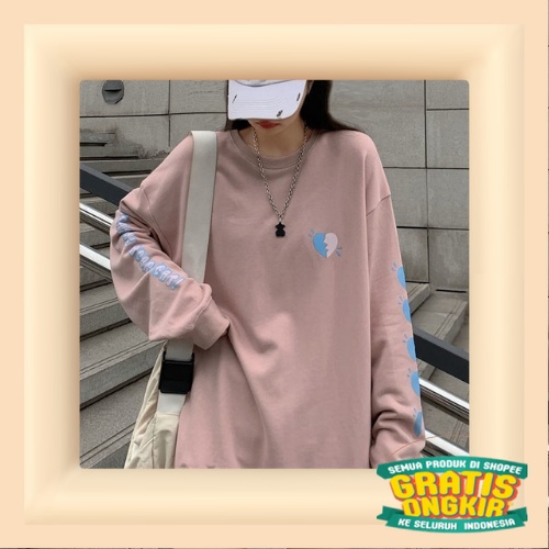 GKS - Sweater Tangan Panjang Oversize BROKEN HEART Model Longgar/ kotak kotak kombinasi