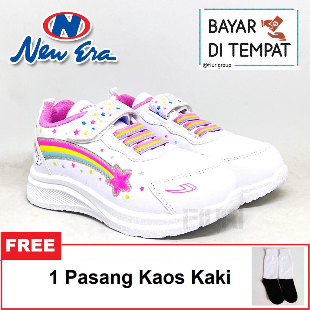 FIURI - NEW ERA ORIGINAL -  RAINBOW V 29-32 PUTIH PINK - SEPATU SNEAKERS PEREKAT SOL KARET ANAK KECI