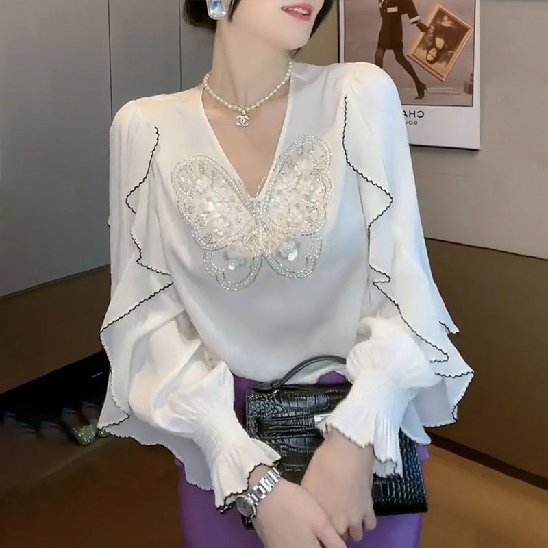 White Butterfly Sequin Lotus Leaf Sleeve Shirt for Women's Spring 2023 New Versatile V-neck Foreigne