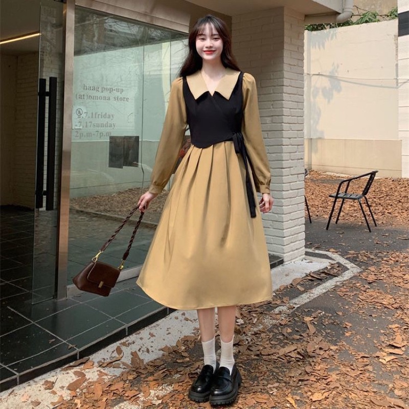 Dress Khaki Leher Kerah Lebar Victorian dress vintage M454