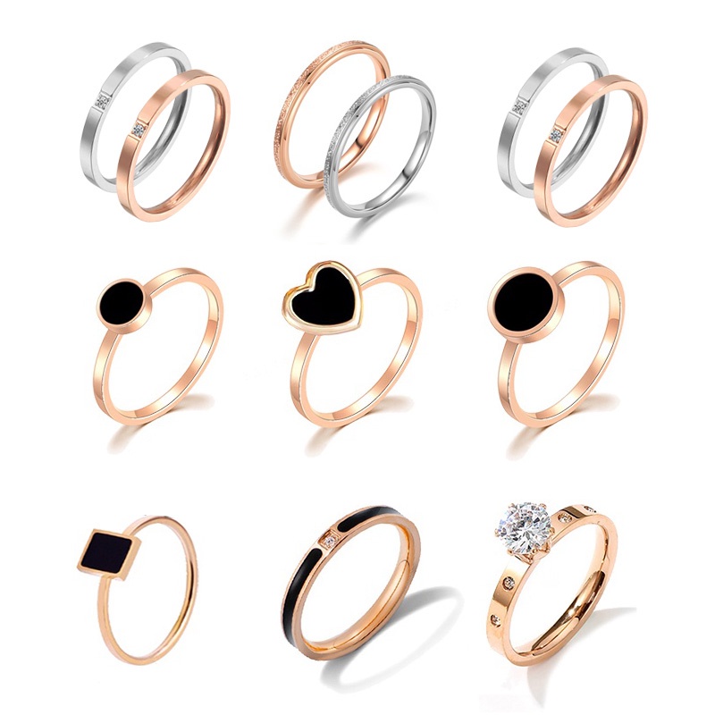 Korea Cincin Titanium Wanita Korea Lapis Emas Bentuk Bulat Cincin Bahan Titanium Warna Hitam