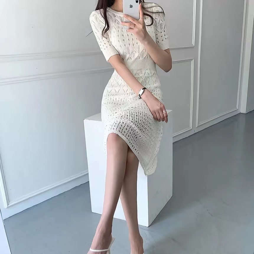 hot deals fan gaun rajutan berongga berongga putih korea baru korea baru/dress hitam wanita/dress
