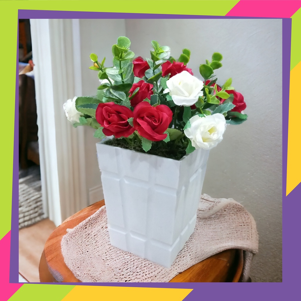 1934PBAD2 / Pot bunga plastik aesthetic gaya retro + bunga hias palsu BEGONIA tanaman artificial