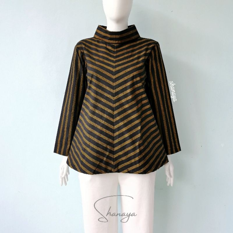 Shanaya Baju Batik nita Blus Lurik Kecil Hita Coklat Leher Turtleneck Zipper Belakang Bahan Lurik Or