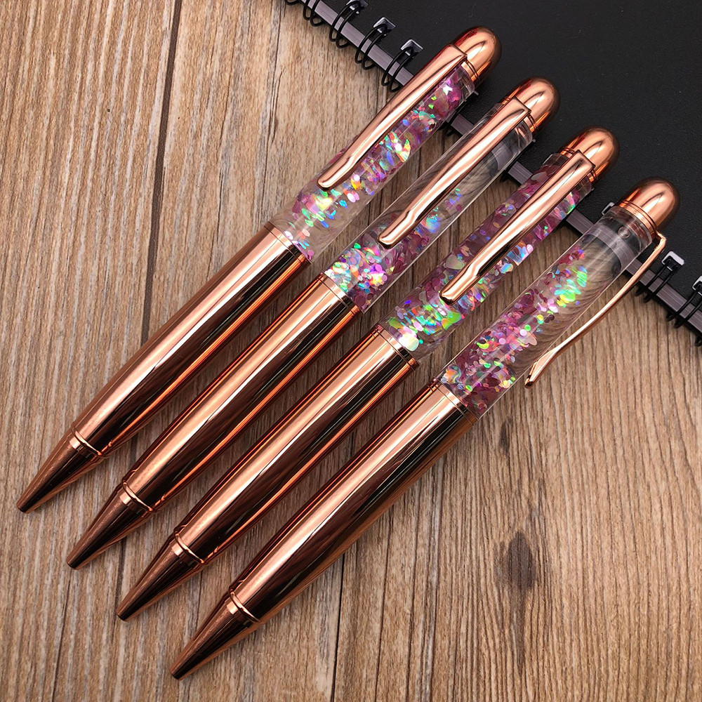 

Rose Gold Retractable Medium Point Black Ink Ballpoint Pen Office Supplies Gift Dynamic Liquid Sequins Metal BallPens