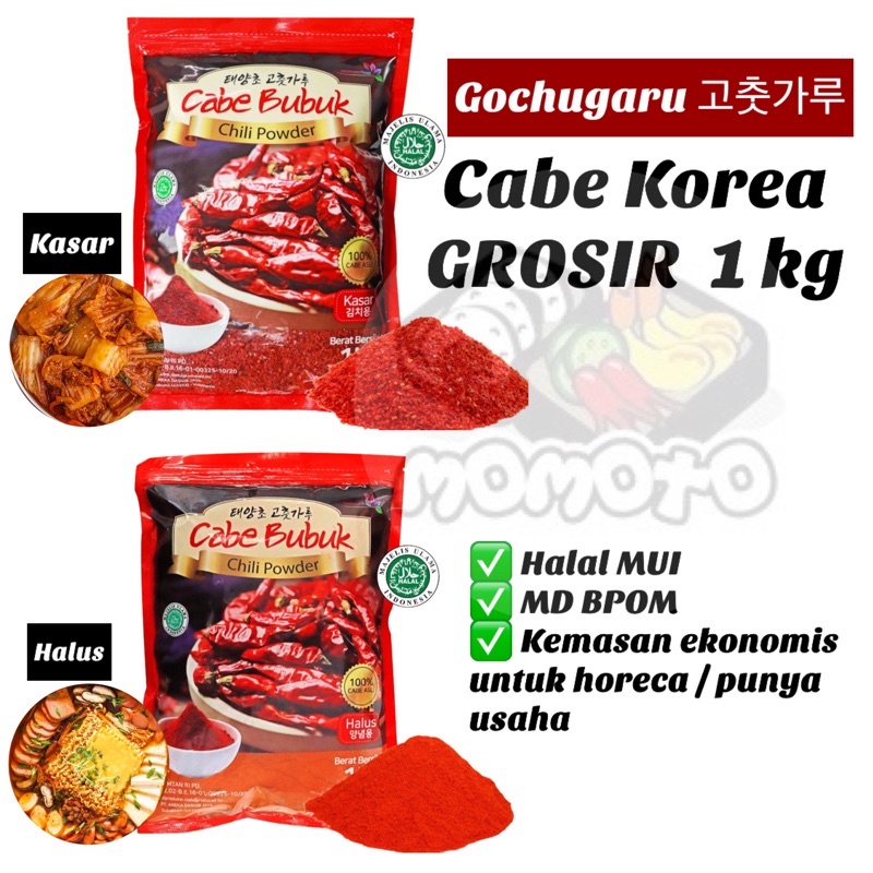 

Gochugaru Cabe Korea GROSIR 1 kg HALAL MUI Kasar dan Halus Kemasan Horeca