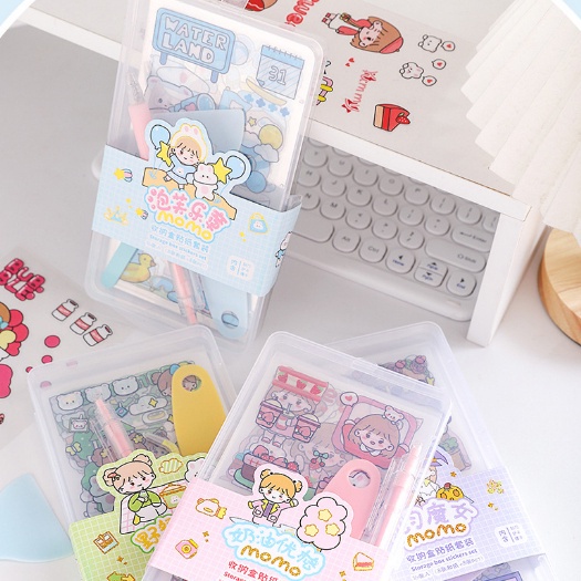 

OLINE Sticker Set Storage Box Kit Paket Kotak Sticker isi 16 lembar Sticker Aesthetic Warna Pastel Lucu Kartun