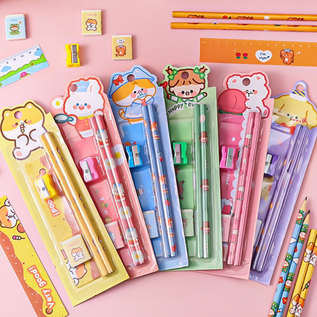 

[HARU] 5 in 1 Characters Stationary Set Paket Alat Tulis Anak Hampers Anak Estetik Imut Aesthetic Berwarna