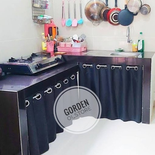 Terlaris ✨-Gorden kolong dapur model Smokring /Tirai meja kompor blackout premium - Hitam, L.140 x T