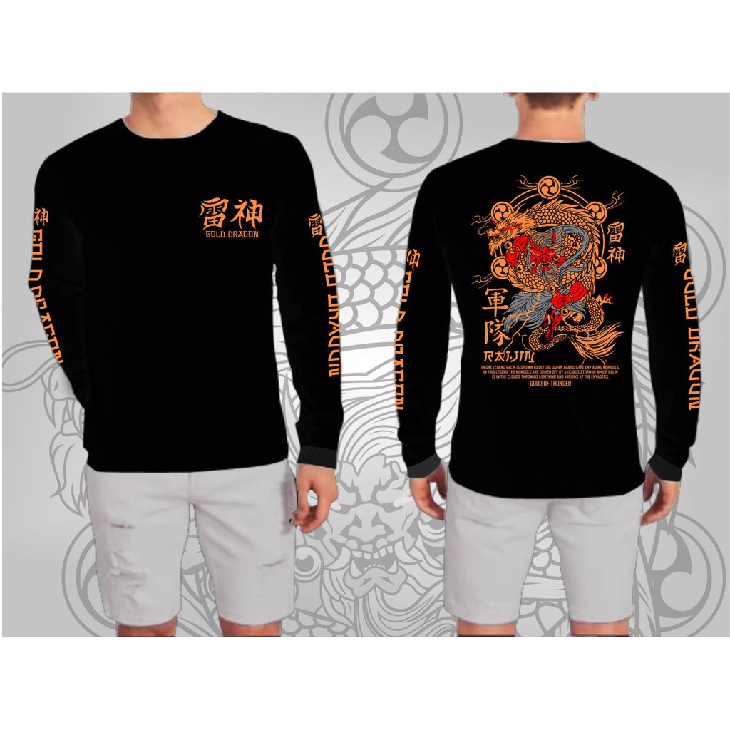 Baju Kaos T-shirt Pria gold dragon Hitam Terbaru Distro LenganPanjang Motif Sablon Bergambar  kaos S