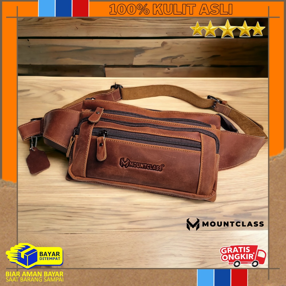 (Mountclass) Tas Selempang Waistbag Pinggang Kulit Asli Pria Cowok Sling bag Waist Bag Pinggang Mult