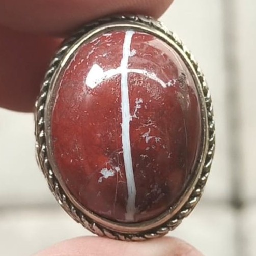 Cincin Batu Akik Natural Kendit Motif Merah Putih Tembus Bawah Antik