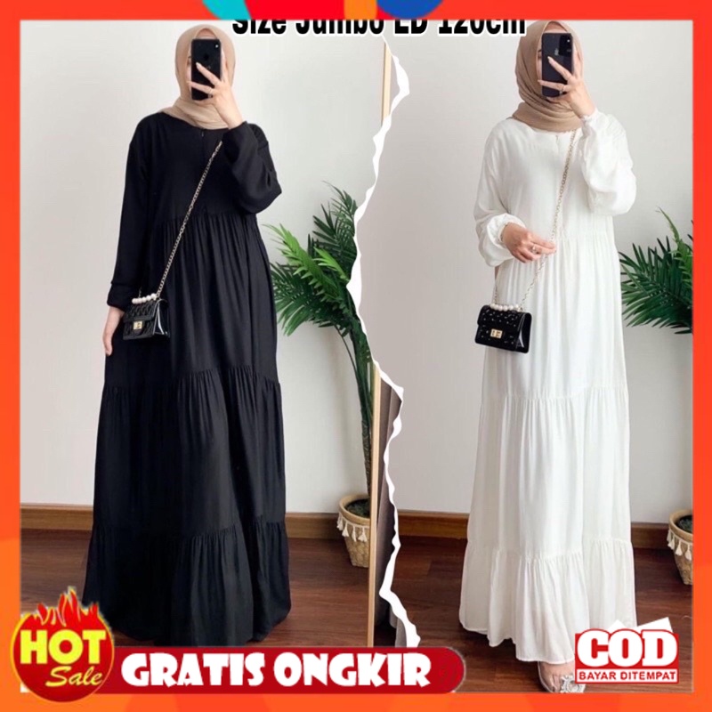 KAIN ADEM HALUS TEBAL / Gamis Jumbo Gamis Polos Ruffle Gamis Hitam Rayon Premium LD 120 cm