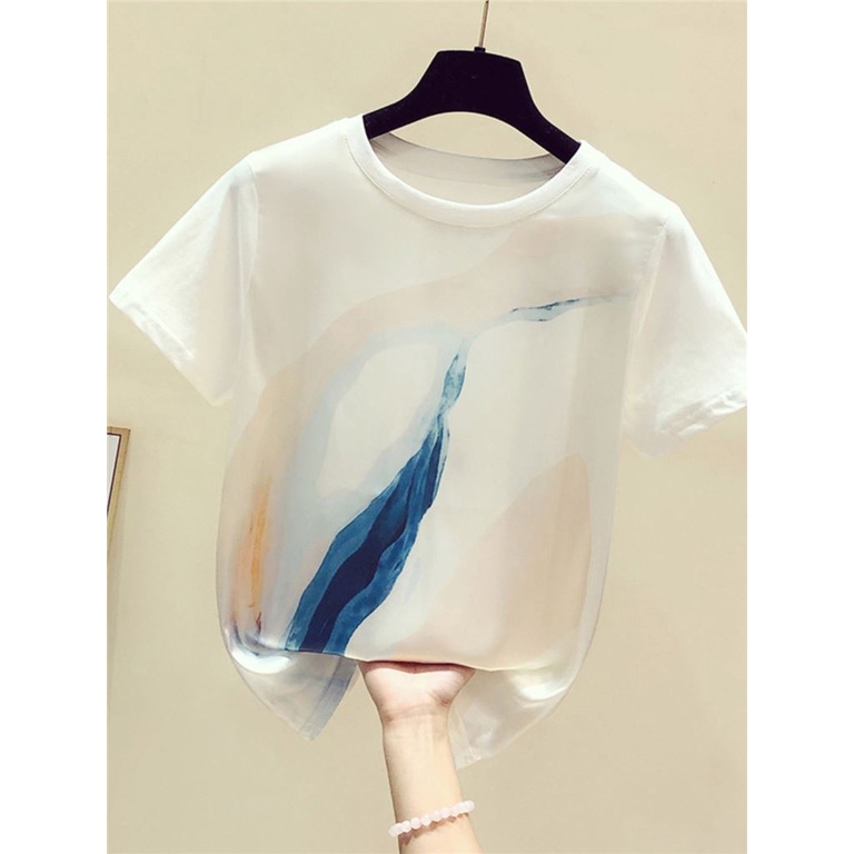 New Silk Tie Dyed T-shirt Short Sleeve Printed White Top