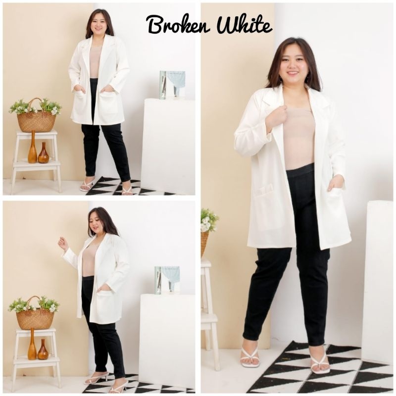 LD JUMBO 120 130 170 BAJU ATASAN LONG BLAZER OUTER KERJA WANITA RESMI SCUBA PREMIUM POLOS HITAM PUTI