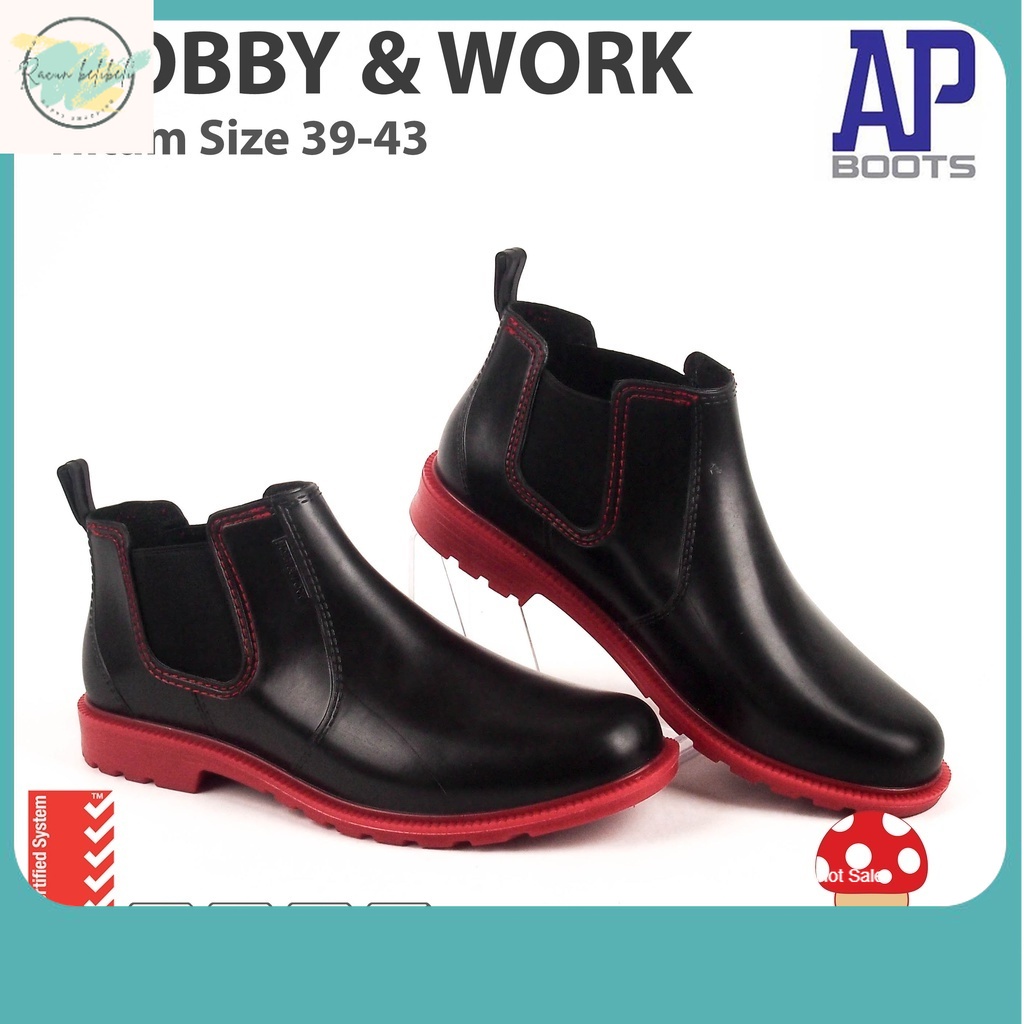 SEPATU / SANDAL TERBARU / Sepatu Boot Pendek Hobby & Work AP Boots Hitam Merah Karet Lokal Anti Air 
