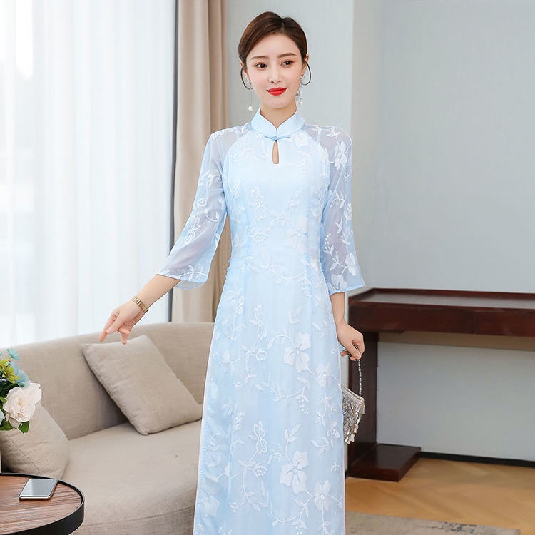 2023 New Temperament Waistband Standing Neck Plate Buckle Printing Improved Cheongsam High Split Ode