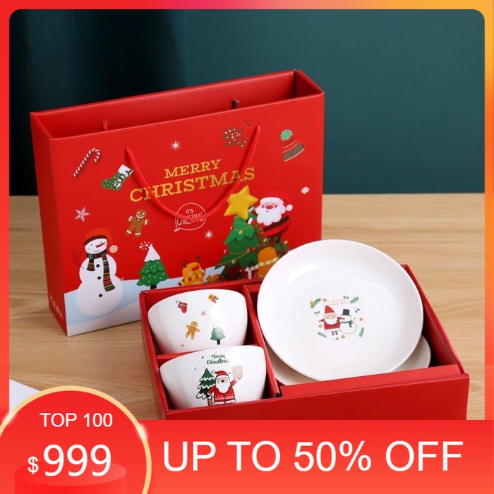 

KADO NATAL. DEKORASI NATAL. christmas gift box set hampers natal mangkok piring keramik santa - HBSC-A-2BOWL