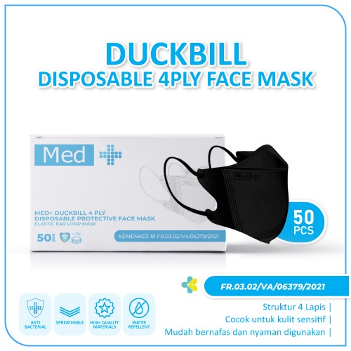 Masker MED+ Duckbill 4ply Hitam Pastel 1 Box 50 Pcs / Masker Duckbill Izin Kemenkes Disposable Prote