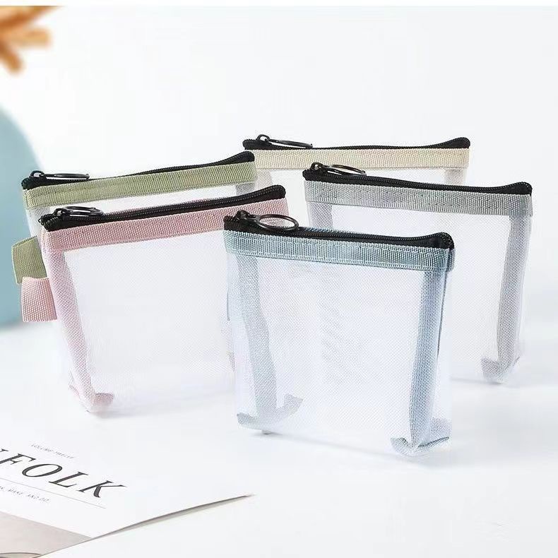 Tas alat tulis jaring transparan mini/dompet koin kosmetik transparan jaring, simpel, lucu dan canti