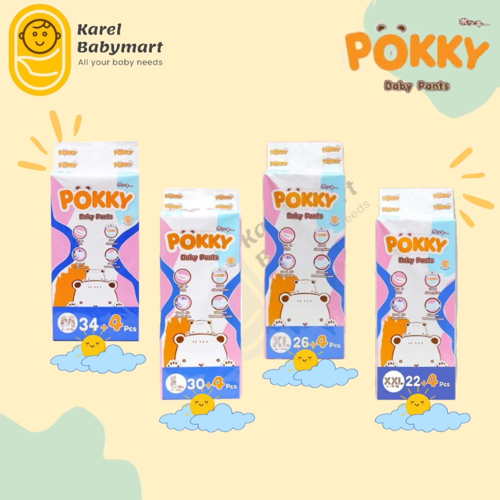 

COD Pokky Baby Pants M34+4/L30+4/XL26+4/XXL22+4 Popok Bayi Murah Tipe Celana