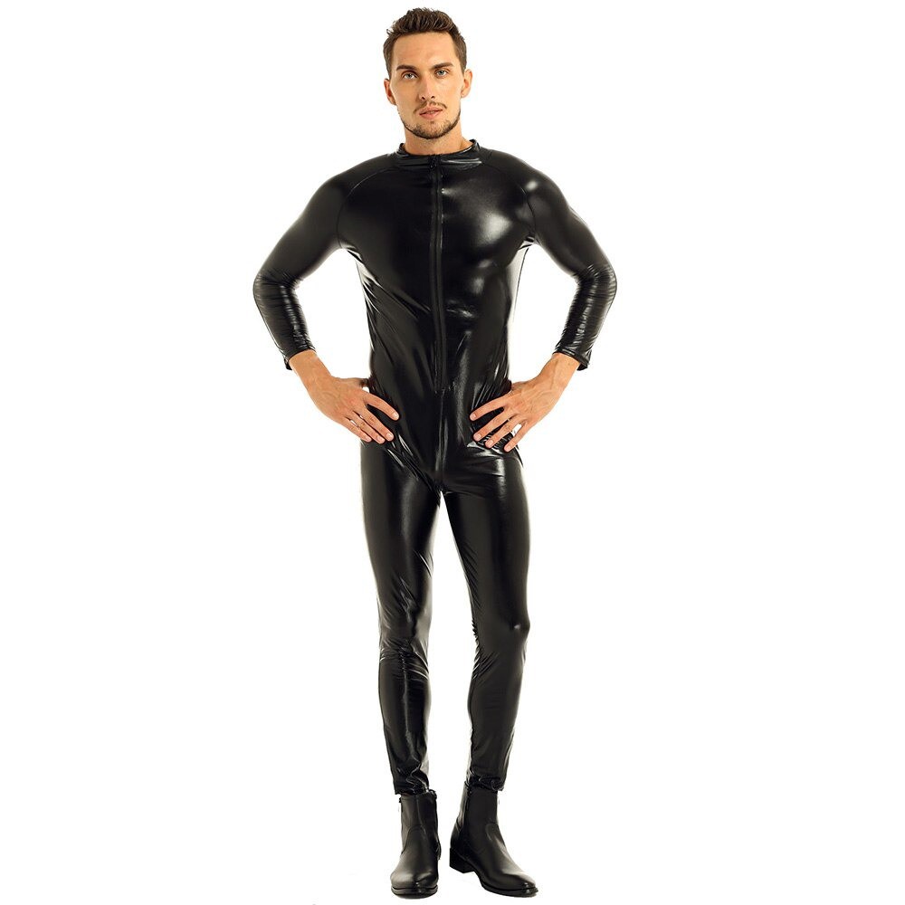 Men Sexy Wetlook Faux Leather Latex Catsuit Bodysuit Hot Erotic Lingerie zentai gay Men Wear pvc cos