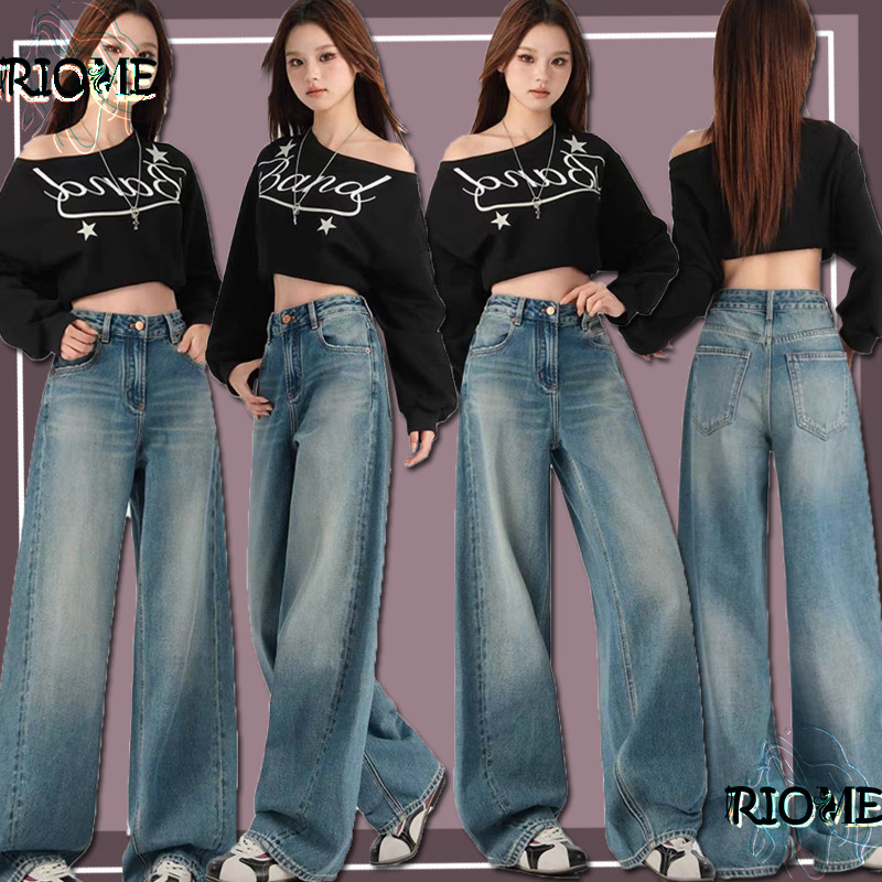 Celana Jeans Pinggang Tinggi Wanita Wanita Retro Jeans Lurus-Denim Bahan Premium Jeans Pinggang Supe