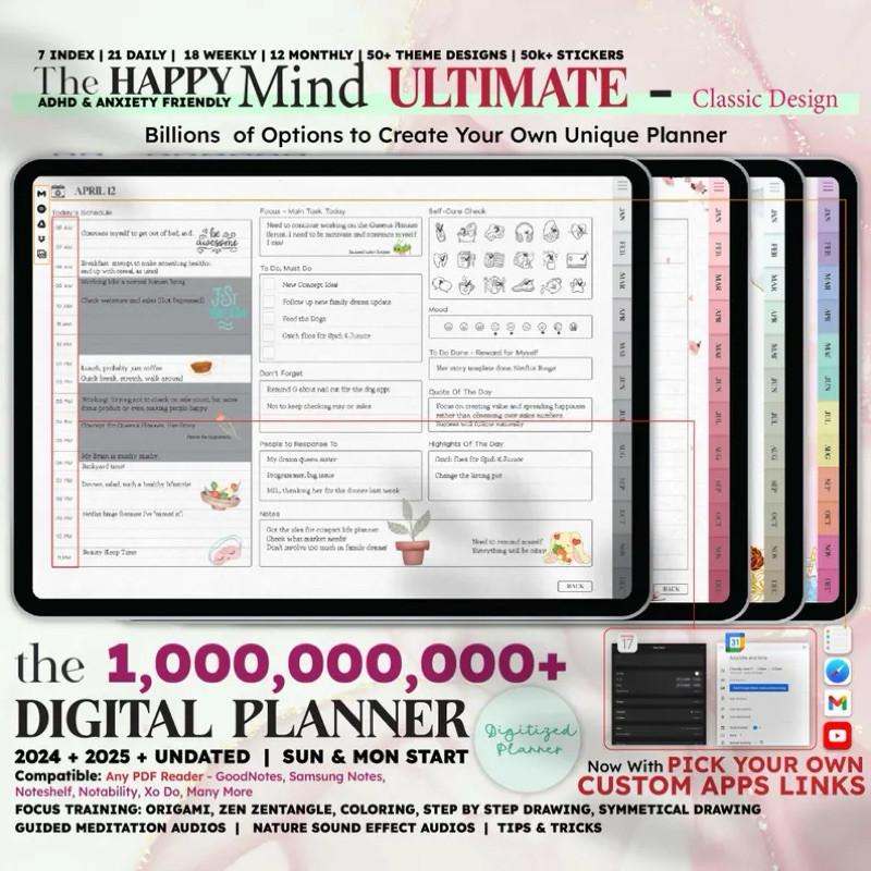 

[ Lifetime ] ADHD Digital Planner 2025, Undated, 21 Daily, 18 Weekly, Monthly Planner, Android & GoodNotes, Anxiety Journal